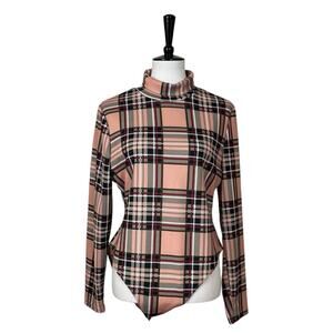 Shein Bodysuit Turtleneck Long Sleeve Pink Multi Plaid Women’s Size 3XL